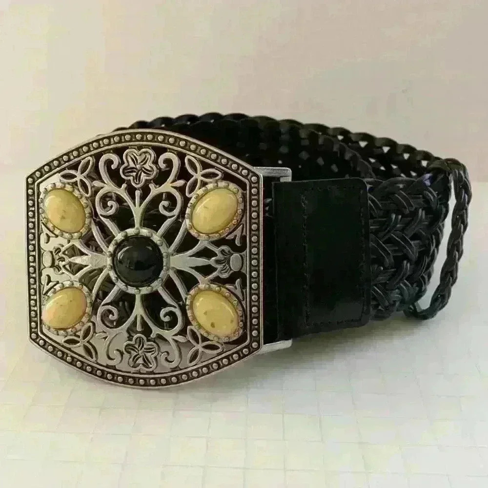Chico’s wide weave belt, silver and stone buckle
